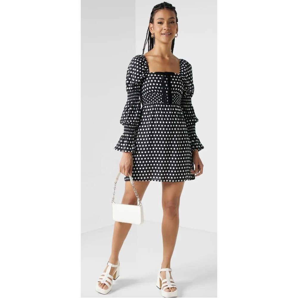 Miss Selfridge Polka Dot Mini Dress Black White Square Neck Smocked US 4 UK 8